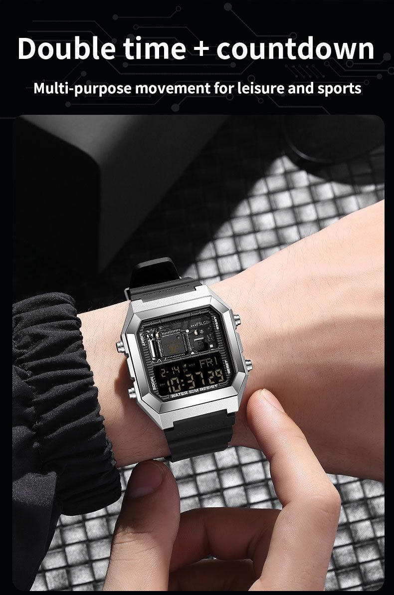 Digitaal wekkerhorloge met multifunctionele timer, stopwatch, LED-achtergrondverlichting, waterdicht tot 50 m, unisex vierkant sporthorloge voor studenten en professionals_voghion.com