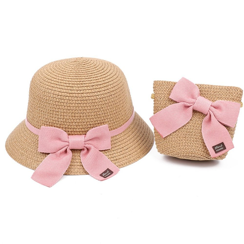Set di berretti per borsa di paglia estivi per ragazza per 2-6 anni Cappello da sole per bambini Cappello da viaggio per protezione solare Cappello da spiaggia Cappello da pescatore per sole_voghion.com