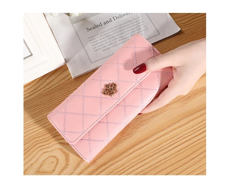 Frauen Brieftasche Dame Kupplung Leder Plaid Haspe Weibliche Brieftaschen Lange Länge Karte Halter Telefon Tasche Geld_voghion.com