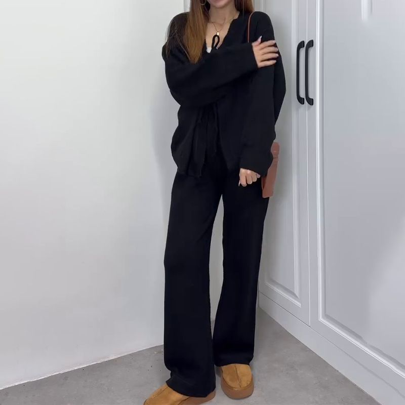 Lässiges, elegantes Outfit-Set für Damen – Strickjacke mit V-Ausschnitt und hoch taillierte Hose mit weitem Bein (7 Farben, Übergrößen geeignet)_voghion.com