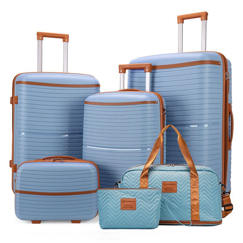 Set di sei valigie trolley in PP con ruote universali, antideflagranti, con cerniera, di colore marrone_voghion.com