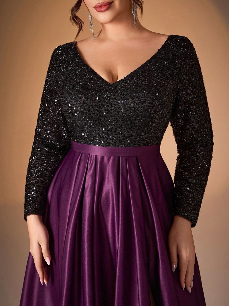 Elegante vestido de noche de satén negro con lentejuelas, escote en V y mangas largas para mujer: perfecto para fiestas, galas y ocasiones especiales._voghion.com