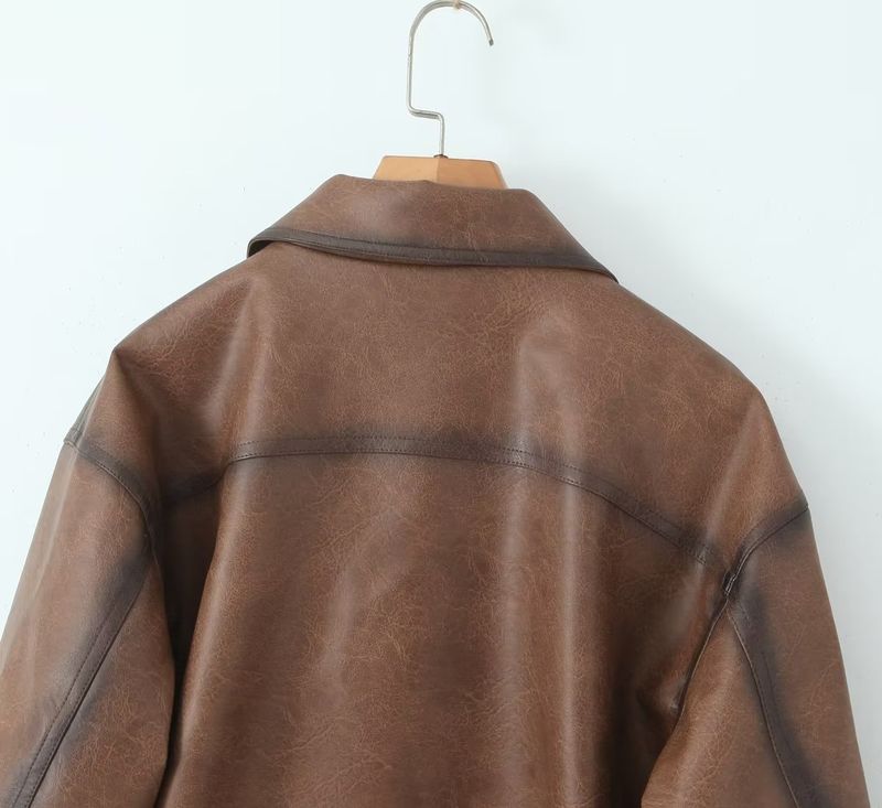 Damenbekleidung Vintage PU-Motorradjacke für Damen – Retro-Kurz-Bikerjacke mit Reverskragen und Taschen_voghion.com