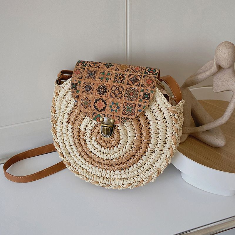 Runde Stroh Strandtasche Vintage handgefertigt gewebt Schultertaschen Bast Kreis Rattan Bohemian Sommer Urlaub Diagonal Pack_voghion.com