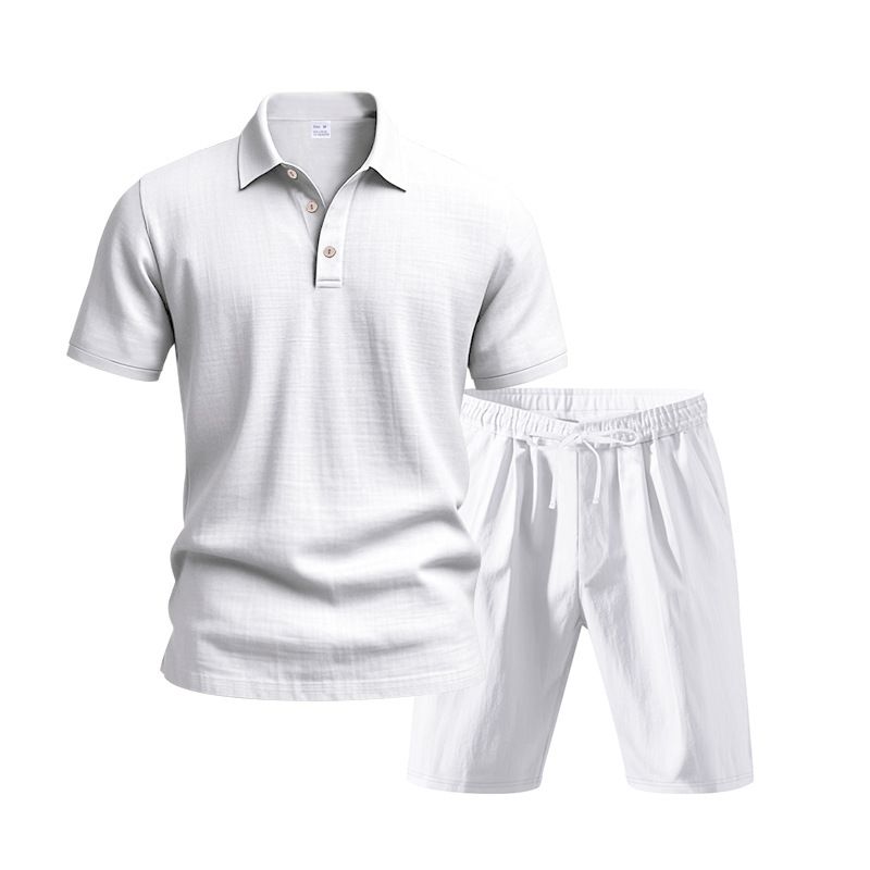 Ensemble polo et short de plage à manches courtes pour homme, style américain, ample, décontracté, respirant, en lin_voghion.com