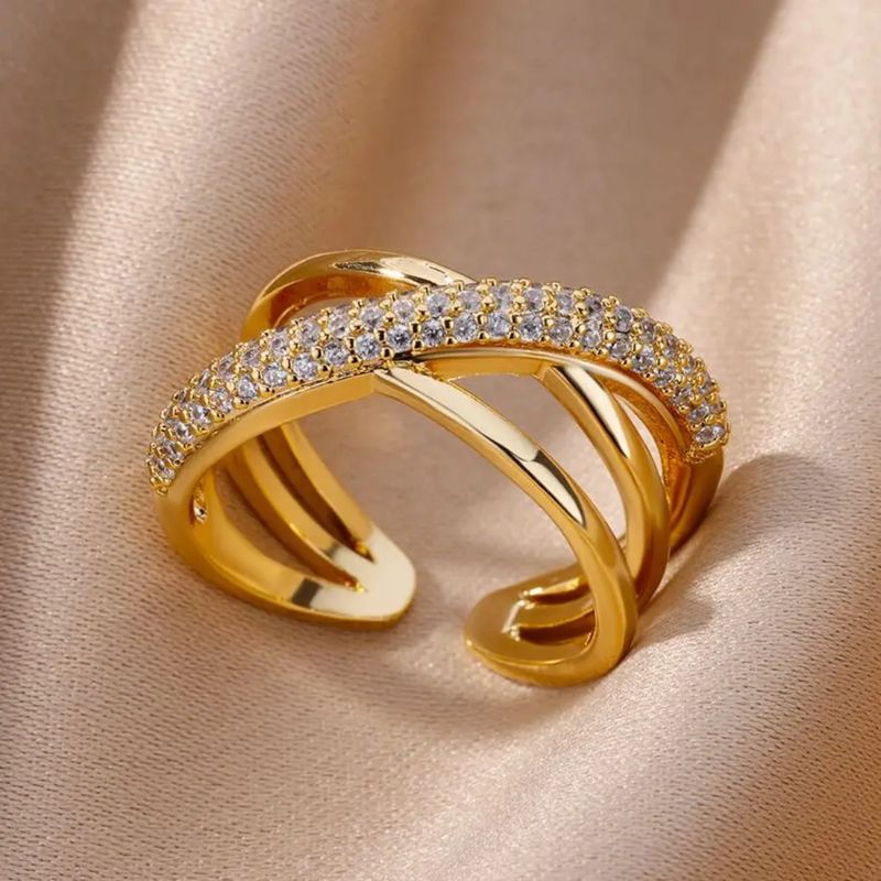 Zircon Double Crossed Shape Rings For Women Gold Plated Stainless Steel Cross Ring Luxury Wedding Couple Rings Aesthetic Jewerly_voghion.com