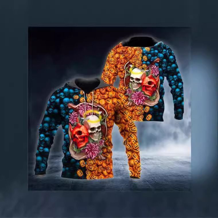 Felpa con cappuccio casual da uomo con stampa 3D a forma di teschio di Halloween 2024_voghion.com