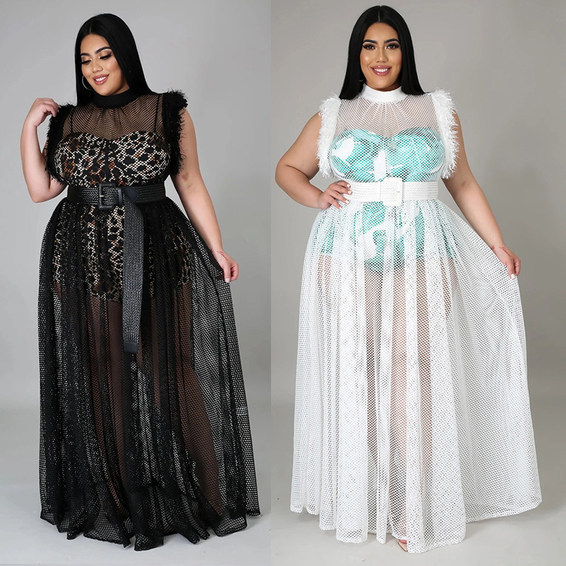 Gonna lunga in rete sexy trasparente dal temperamento da donna, abito a due pezzi plus size_voghion.com