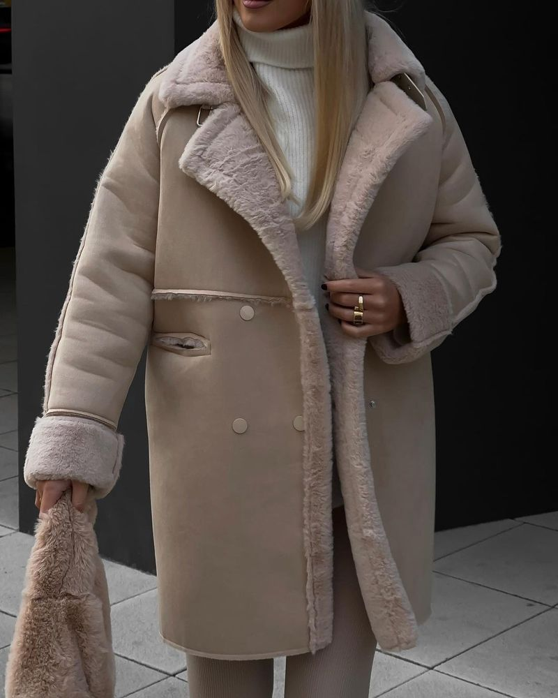 Damen-Strickjacke aus Wildleder mit Anzugkragen und langen Ärmeln und Plüschmantel_voghion.com