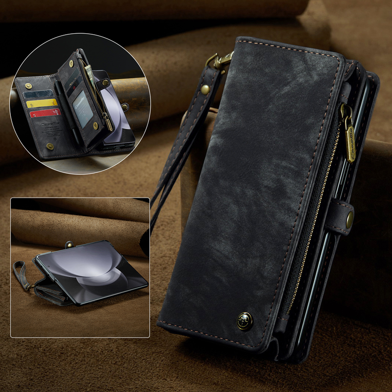 Zipper Pocket Wallet Case for Samsung Galaxy Z Fold 5 with S Pen Holder Vintage Vegan Leather Wrist Strap Magnetic Stand Cover_voghion.com
