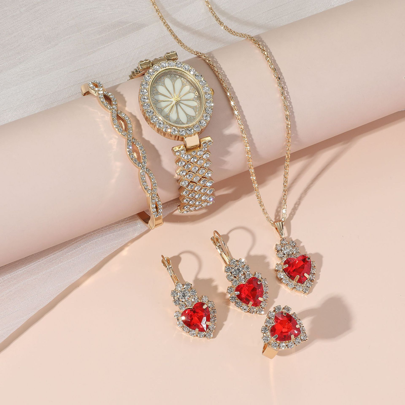 Nyt dameur med diamanter og Daisy-motiv + Diamantarmbånd + Rubinhalskæde + Rubinøreringe + Ring_voghion.com