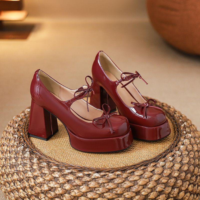 Red Mary Jane Shoes For Petite Women, High-End Waterproof Platform, Height-Increasing Engagement Chunky Heels,_voghion.com