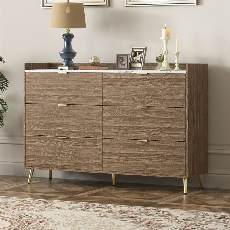55" Long 6 Drawer Dresser with Marbling Worktop, Mordern Storage Cabinet with Metal Leg and Handle for Bedroom,Walnut_voghion.com