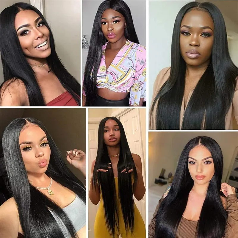 Peruca de cabelo humano brasileiro liso com parte em V, peruca longa e lisa com parte em V, perucas de cabelo humano para mulheres, 18 a 32 polegadas, natural, feita à máquina_voghion.com