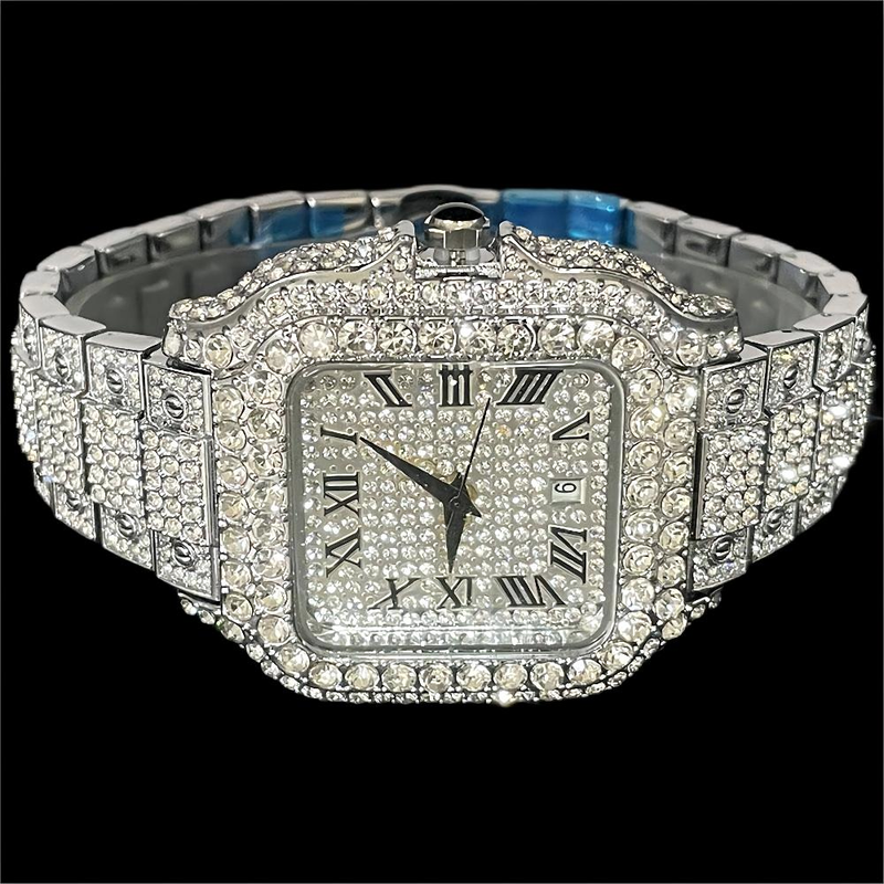 MissFox - Men's Luxury Quartz Watch, Date Present, Hip Hop, Ice Diamond, Shiny, Square, Direct Shipping_voghion.com