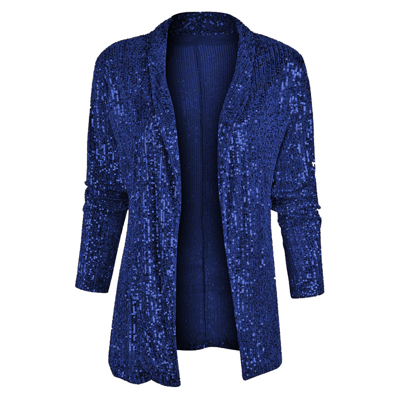 2025s 2025 Spring New Sequined Sleeved Temperament Mid To Long Length Small Suit With Lapel And Solid Color Jacket For Women_voghion.com