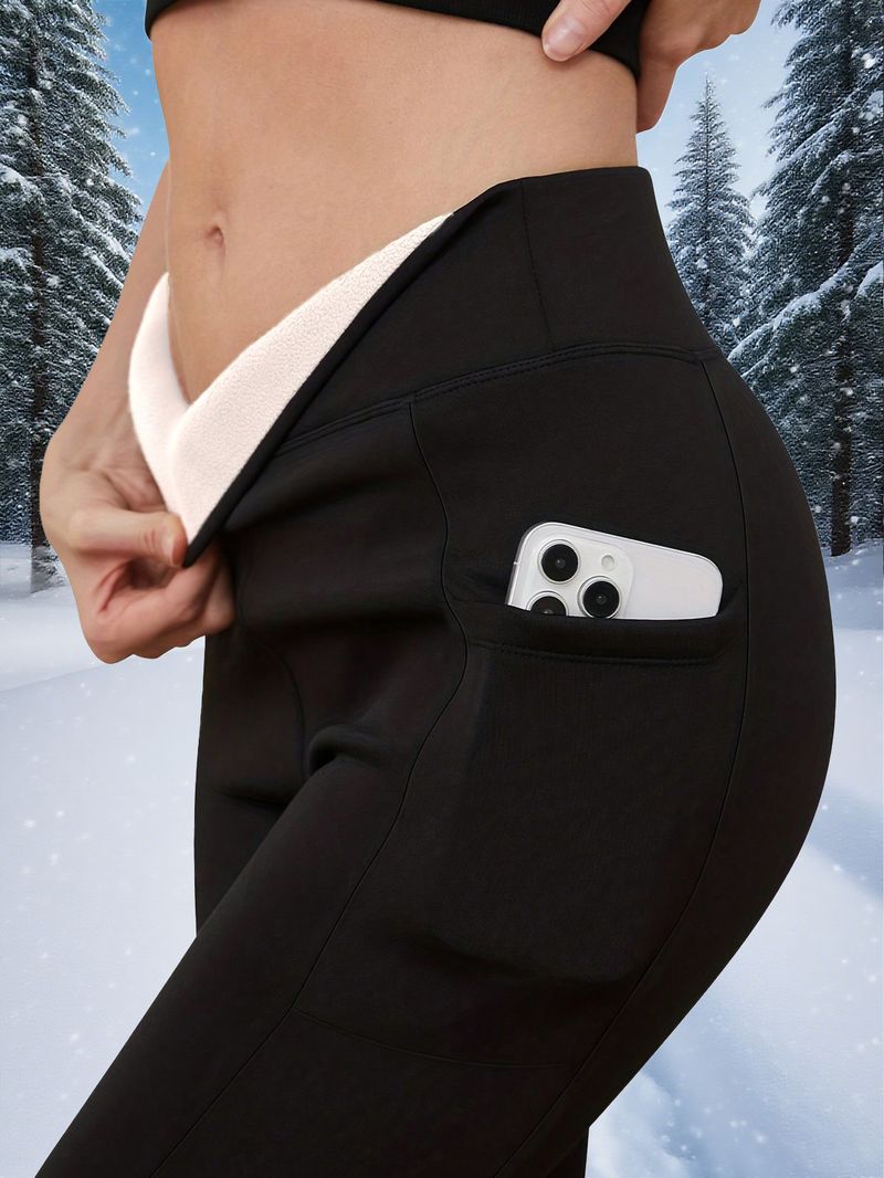 Vêtements pour femmes Leggings d'hiver doublés en polaire pour femmes avec poches Collants thermiques taille haute Slim Fit pour temps froid_voghion.com