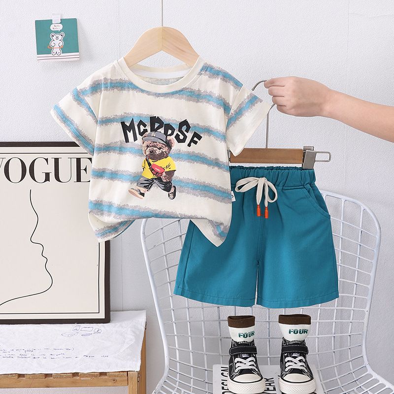 Ensemble deux pièces à manches courtes pour enfants, style décontracté et élégant, col rond, motif dessin animé, tendance, nouvelle collection été 2025_voghion.com