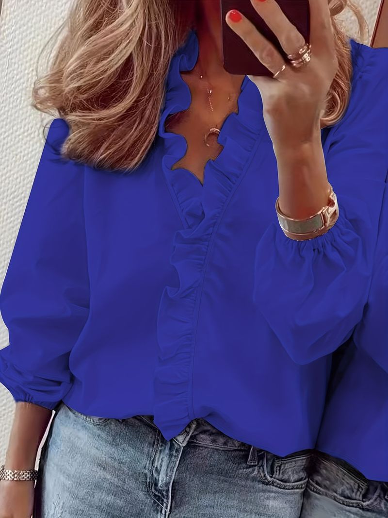 Elegant Ruffle Blouse Women's Loose Fit Long Sleeve Shirt - Casual Office Tops With Flounce Detail, Plus Size Friendly_voghion.com