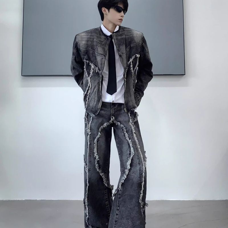 Herrenbekleidung New Style Niche Tie Dye Washed Old Denim Anzug Raw Edge Stitching Flared Jeans Jacke Trend_voghion.com