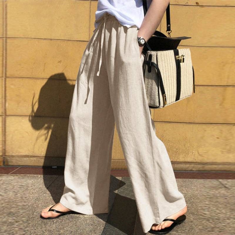 Pantaloni a gamba larga da donna, pantaloni di lino da donna alla moda a vita alta, pantaloni larghi casual in tinta unita all'ingrosso_voghion.com