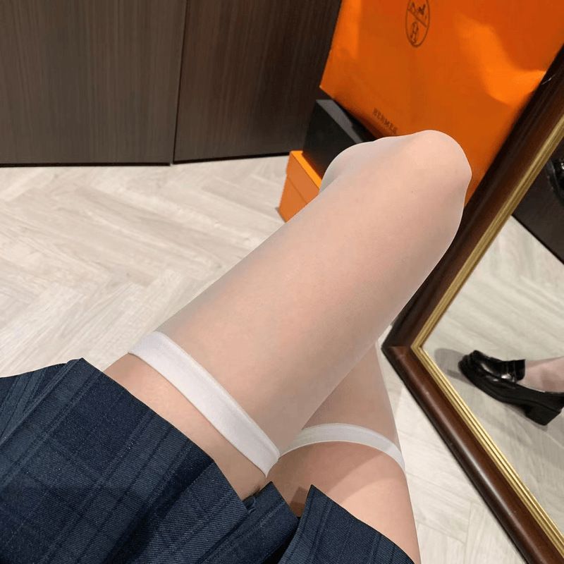 JK Sommer Herbst Dünne Strümpfe Transparente Wade Damen Atmungsaktiv Vielseitig Mittelhohe Schwarze Seide Overknee-Socken_voghion.com