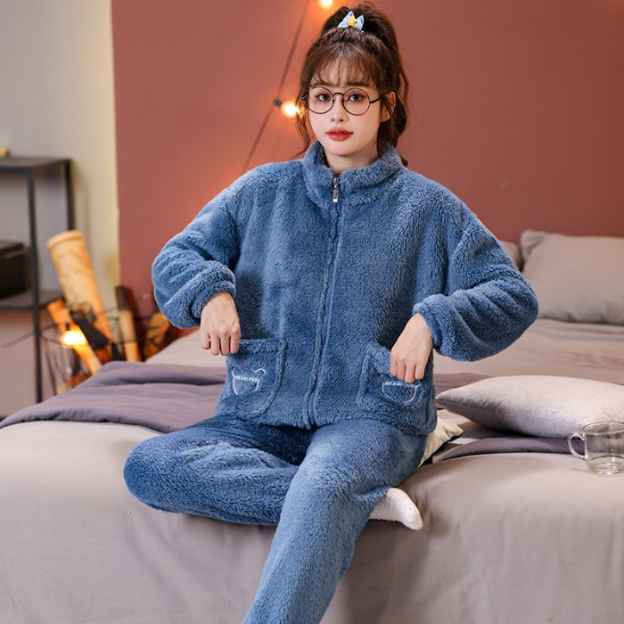 Langhaariger Pyjama für Mädchen im Winter, süße Strickjacke mit Reißverschluss, langärmelige Hose, Größe 230 Pfund plus M, Heimkleidung_voghion.com