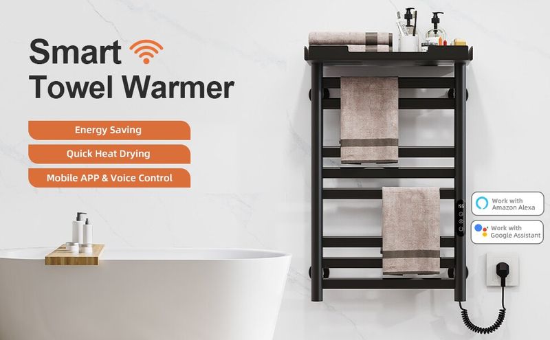 SIOYIE Heated Towel Rack With Shelf And Wi-Fi App Control, 8 Bars Electric Wall Mounted Towel Warmer With Timer & Adjustable Temperature, Low Carbon Steel, Plug-in/Hardwired, Matte Black_voghion.com