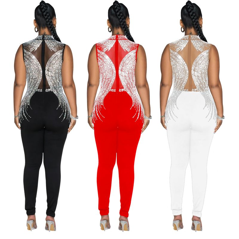 Vêtements pour femmes mode femmes couleur unie maille presse perceuse sans manches pantalon combinaison_voghion.com