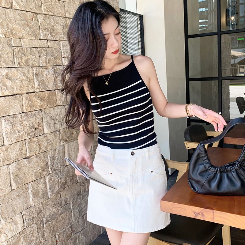 Canotta da donna in maglia a righe, con spalle scoperte, semplice, estiva, di alta qualità e fresca sensazione_voghion.com