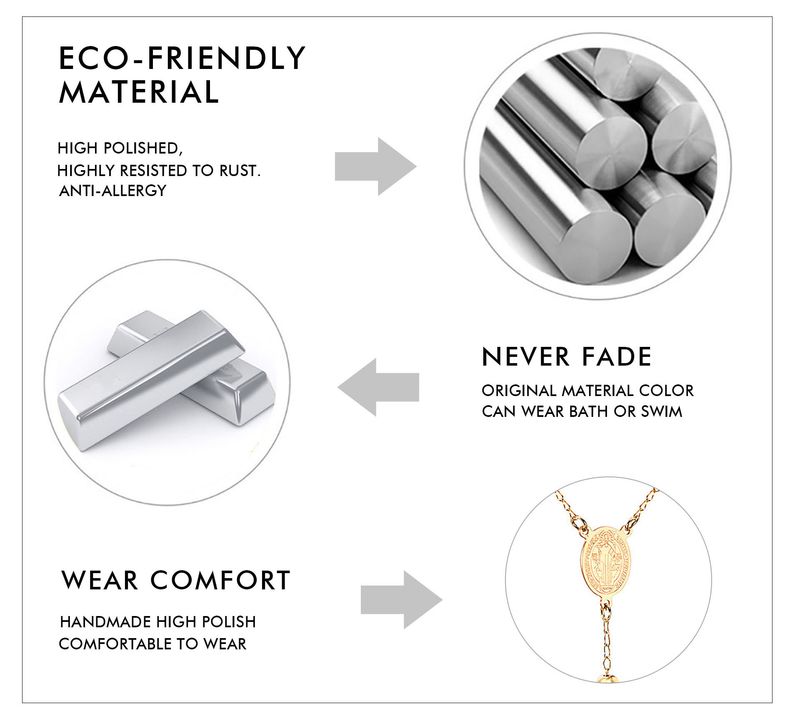 LUXUSTEEL Perline Collana lunga con croce di Gesù per donna Uomo Rosario in acciaio inossidabile cristiano cattolico religioso_voghion.com