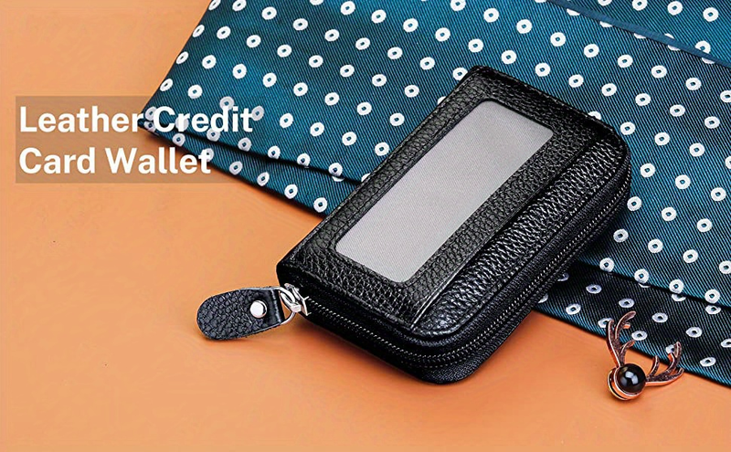 Suporte RFID genuíno com zíper para cartão de crédito de couro pequeno zíper em torno da carteira_voghion.com