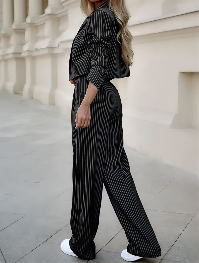 GraceChic 2023 Autumn New Women's Fashion Striped Notched Collar Long Sleeve Blazer + Elegant Straight-Leg Pants Set_voghion.com