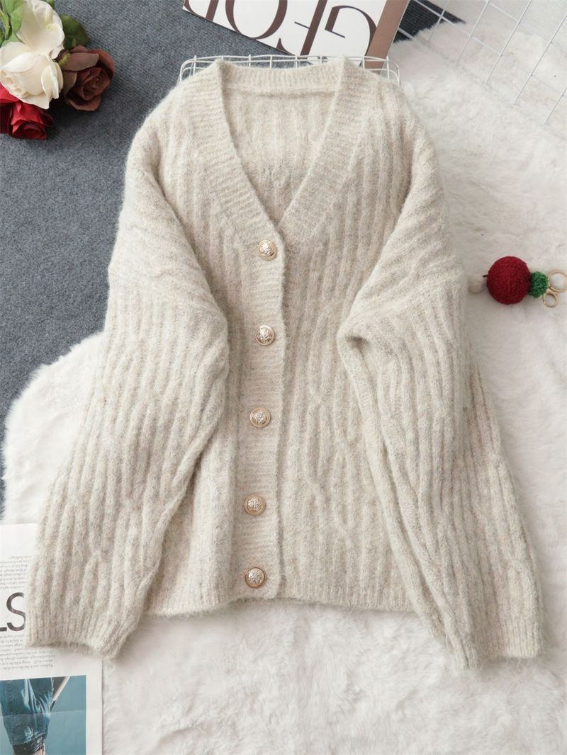 Cardigan vintage in maglia con bottoni dorati – Maglione spesso a maniche lunghe con apertura frontale per donna (grigio scuro, beige, marrone)_voghion.com