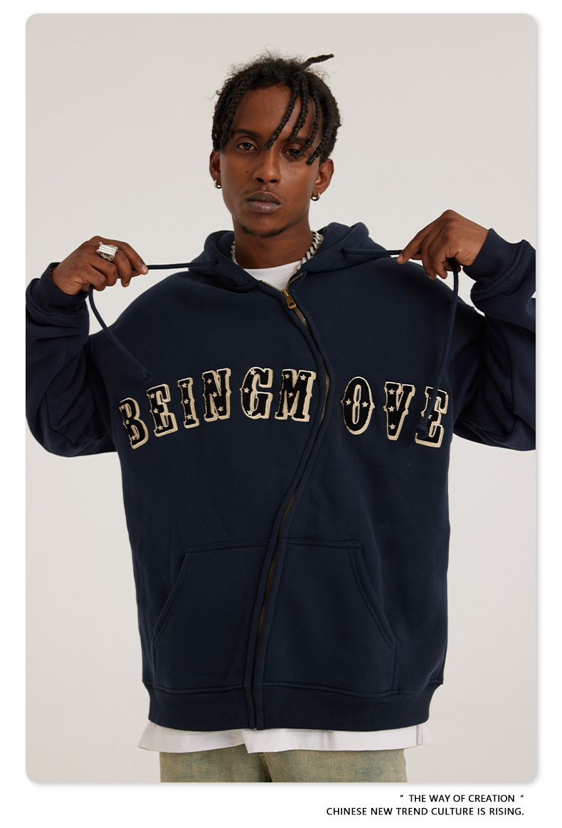 Herr höst och vinter tungvikts amerikansk handduk broderad polar fleece S-formad dragkedja sweatshirt lös trendig märkeshuvtröja för män_voghion.com