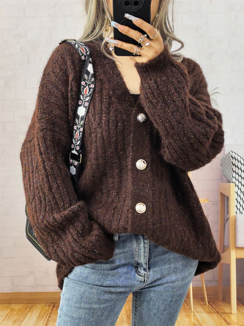 Cardigan vintage in maglia con bottoni dorati – Maglione spesso a maniche lunghe con apertura frontale per donna (grigio scuro, beige, marrone)_voghion.com