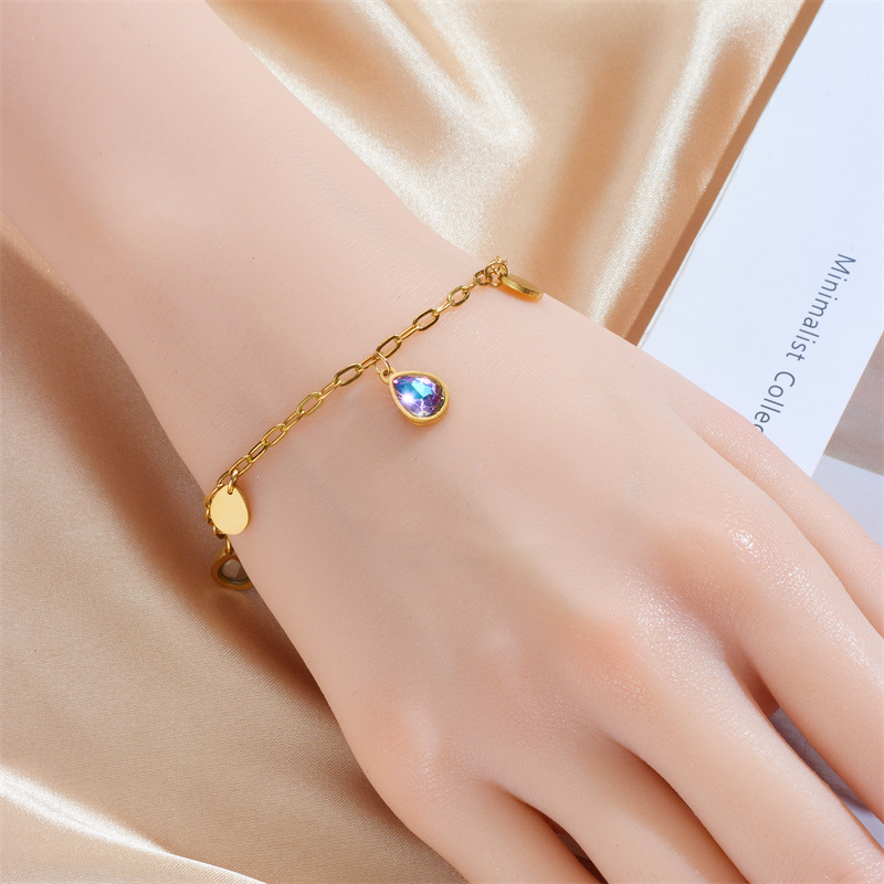 Bracelet en acier et titane avec pendentif en forme de larme en verre coloré, style européen et américain_voghion.com
