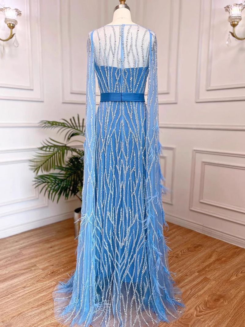 Elegantes Abendkleid mit langen Ärmeln für Damen – Sexy Abendkleid mit hoher Taille für Hochzeit, Party und Bankett (Elfenbein, Blau, Lila)_voghion.com