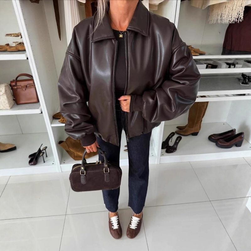 Giacca in pelle sintetica da donna – Cappotto in similpelle autunno/inverno (nero/marrone/verde oliva, S-L)_voghion.com