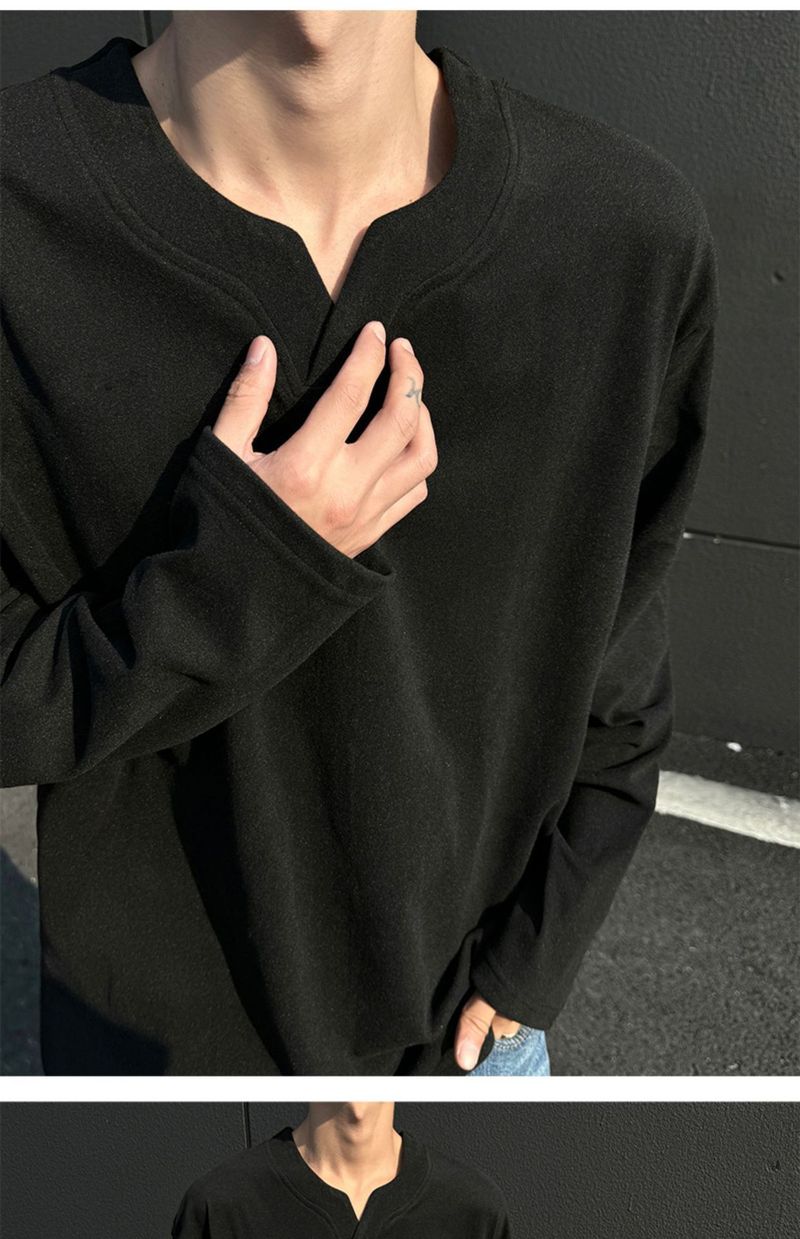 boy Boy Autumn Winter De Velvet V-Neck Sweatshirt Warm Inner Layer Base Shirt Long Sleeve T-Shirt Top Trendy Men's Cool Fashion_voghion.com