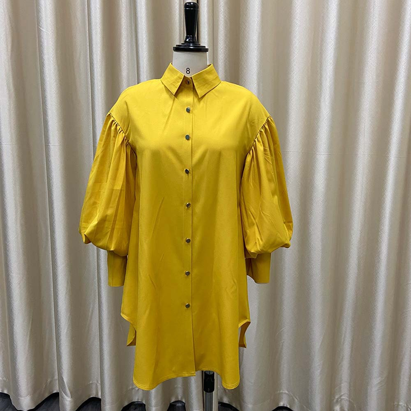 Vestido de camisa feminino grande, manga bufante solta, cor sólida, lapela com fenda, manga comprida_voghion.com