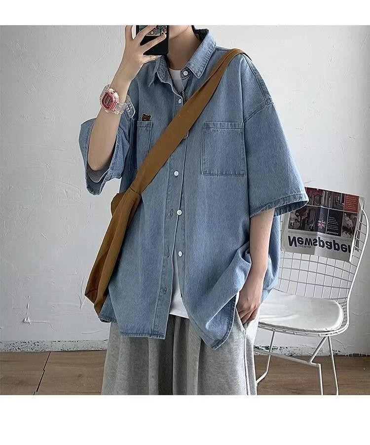 Letnia krótka koszula dżinsowa dla mężczyzn, stylowa, modny niszowy design, luźna, swobodna kurtka z krótkim rękawem_voghion.com