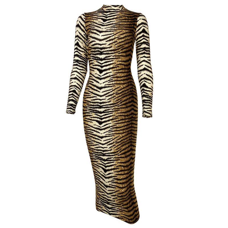 Abito slim sexy a maniche lunghe con stampa leopardata alla moda da donna_voghion.com