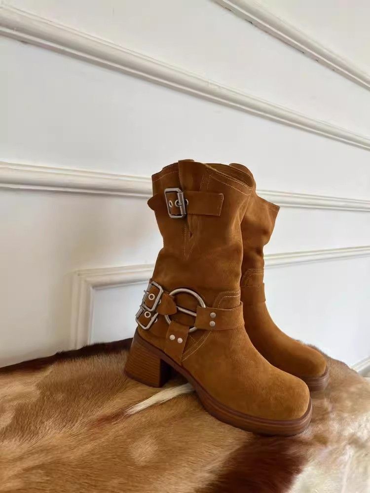 Matte Cowhide Western Cowboy Women's Genuine Leather Thick Heeled Short Boots, Square Toe Brown High Heels,_voghion.com