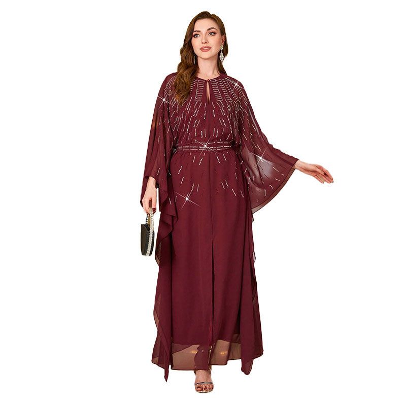 Elegante abito da sera in chiffon con strass da donna – Abito da festa a trapezio con maniche lunghe (bordeaux, S/M/L) Abito vintage con cintura a vita alta_voghion.com