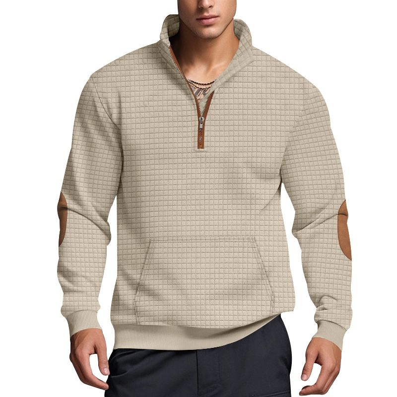 American Style Autumn Winter Men's Casual Sweatshirt Jacquard Small Square Embroidery Patchwork Stand Collar Loose Top_voghion.com