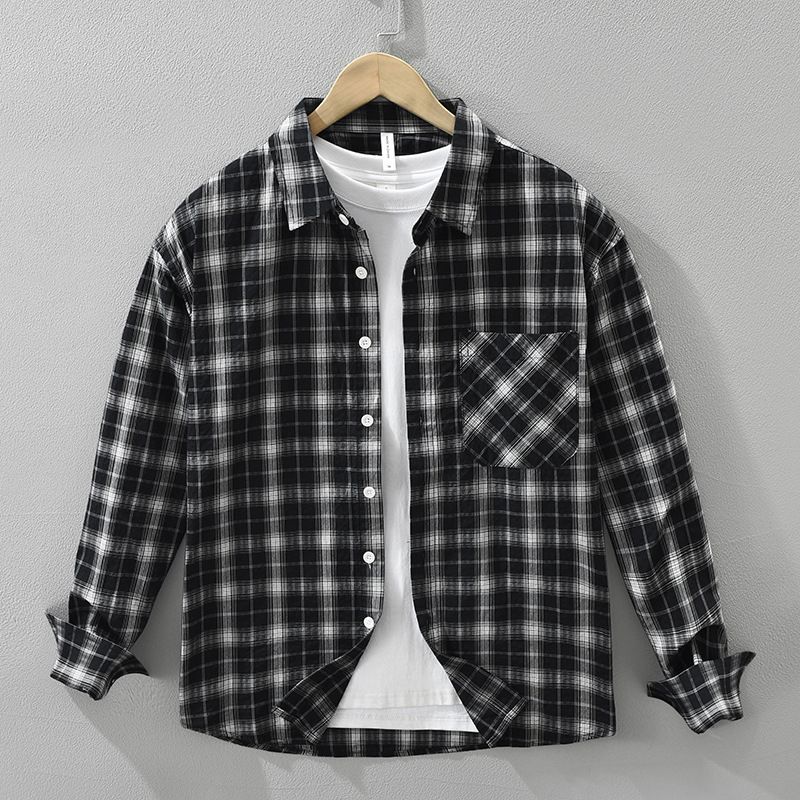 Camicia a maniche lunghe a quadri per uomo, alla moda e versatile, top casual e ampio._voghion.com