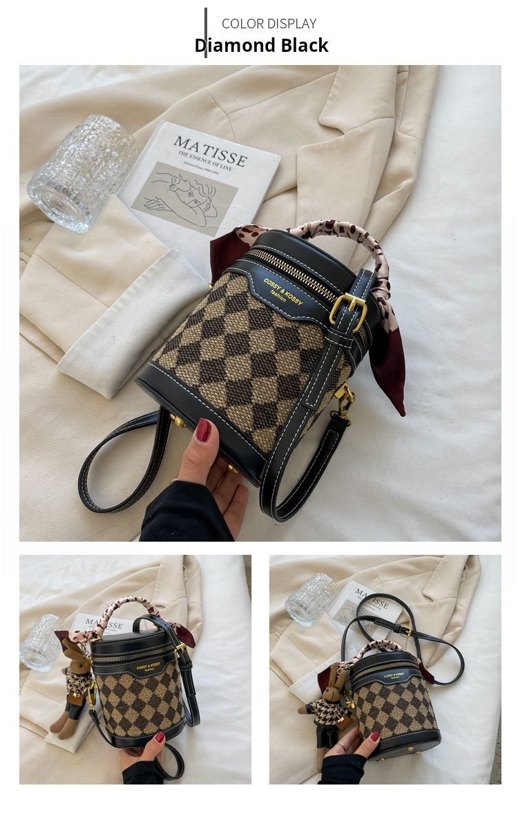 CEEKAY Mini Women's New Fashion Crossbody High Quality Chessboard Checkered Cylinder Bucket Bag_voghion.com
