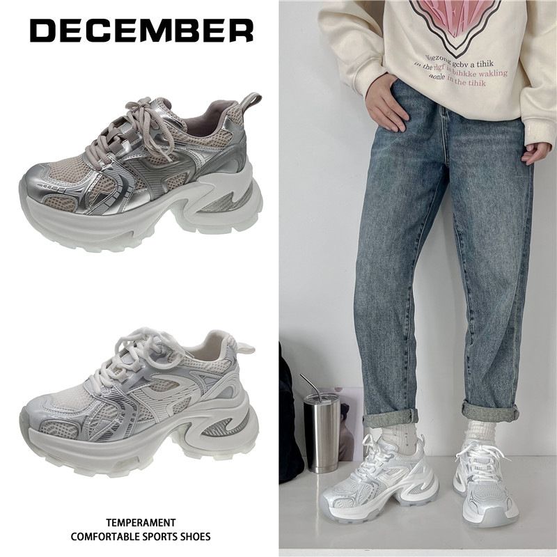 Sapatos femininos de sola grossa prateados para mulheres, primavera e verão, novos sapatos respiráveis que aumentam a altura, tendência de caminhada casual_voghion.com