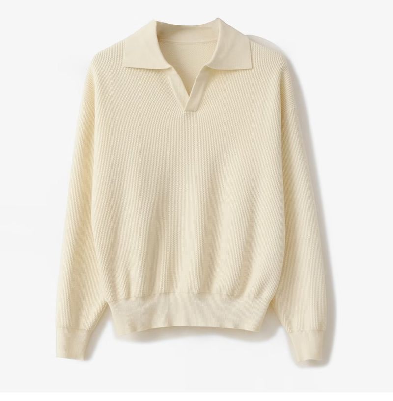 Maglione con scollo a V, pullover con risvolto spesso, polo a maniche lunghe, tinta unita, primavera e autunno._voghion.com